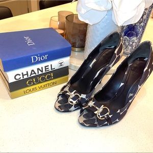 Gucci Horsebit Hollywood Satin Heels B&W